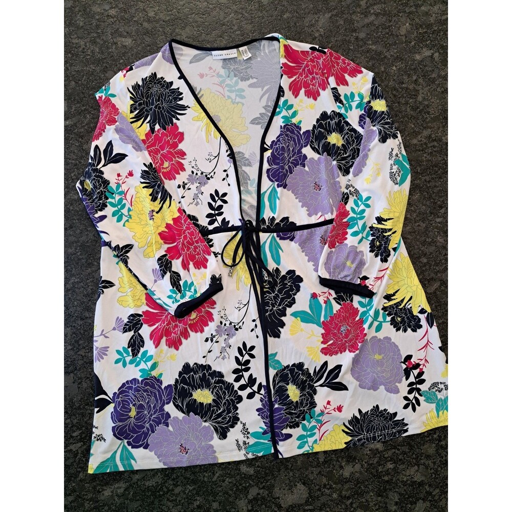 Susan Graver Liquid Knit Duster Cardigan Kimono Large Petite Multicolor Floral